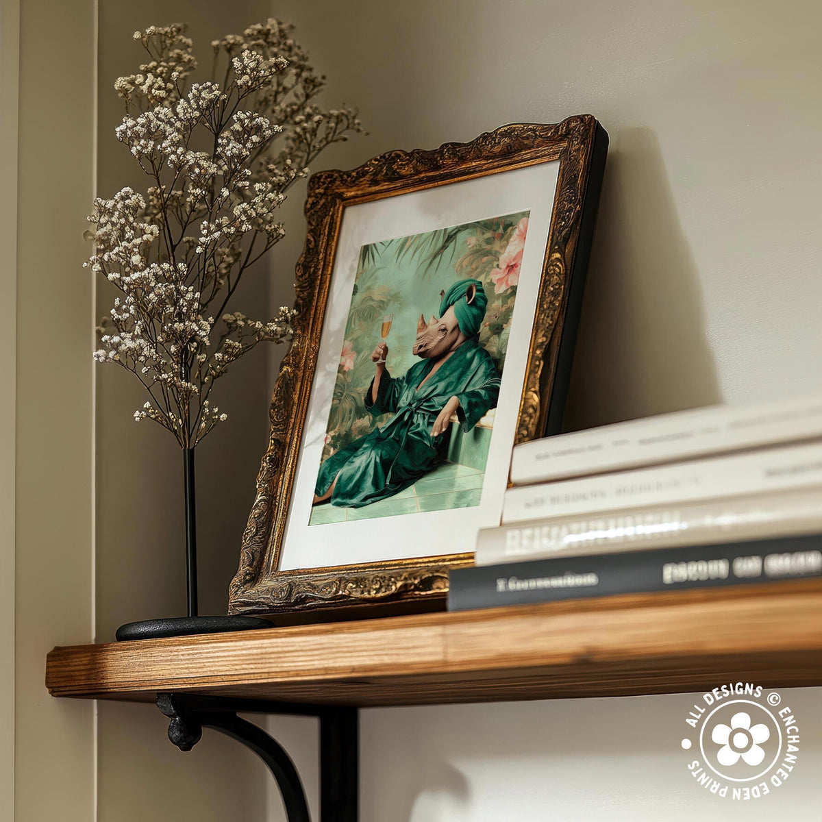 a wooden shelf with a framed picture of a person in a green robe, a vase of white flowers, and a stack of books.