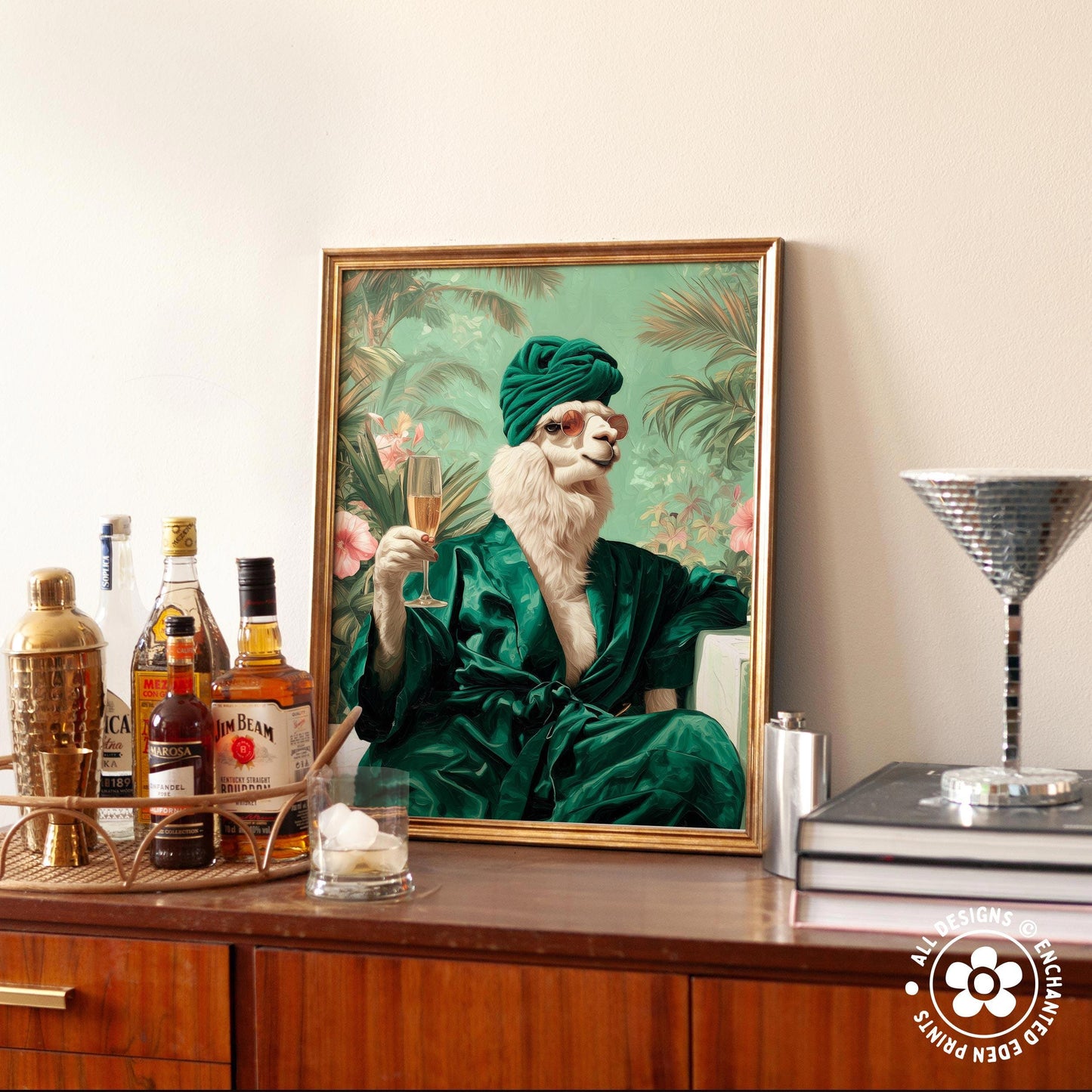 a framed painting of a lion wearing a green robe and holding a glass of champagne, surrounded by various bottles of alcohol and a cocktail shaker on a wooden surface.