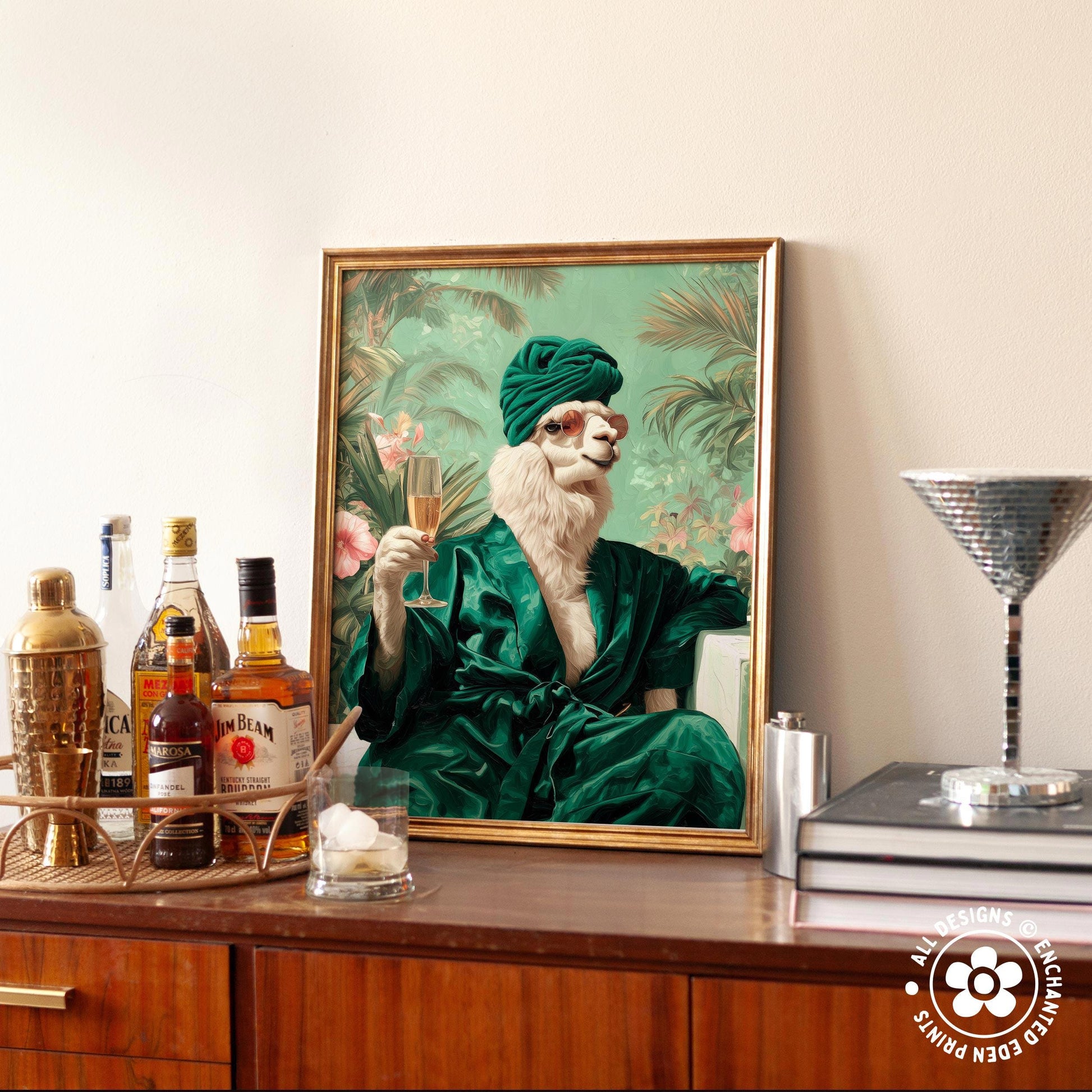 a framed painting of a lion wearing a green robe and holding a glass of champagne, surrounded by various bottles of alcohol and a cocktail shaker on a wooden surface.
