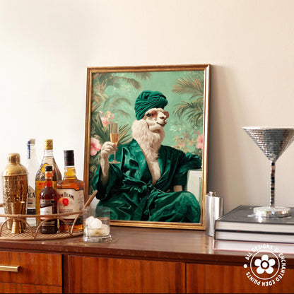 a framed painting of a lion wearing a green robe and holding a glass of champagne, surrounded by various bottles of alcohol and a cocktail shaker on a wooden surface.