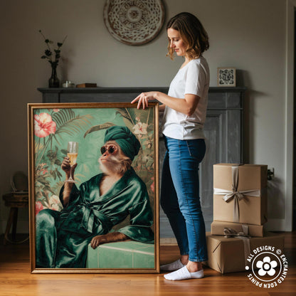 A woman stands next to a large painting depicting a man in a green robe holding a wine glass, with a vase of flowers and a wooden shelf in the background.