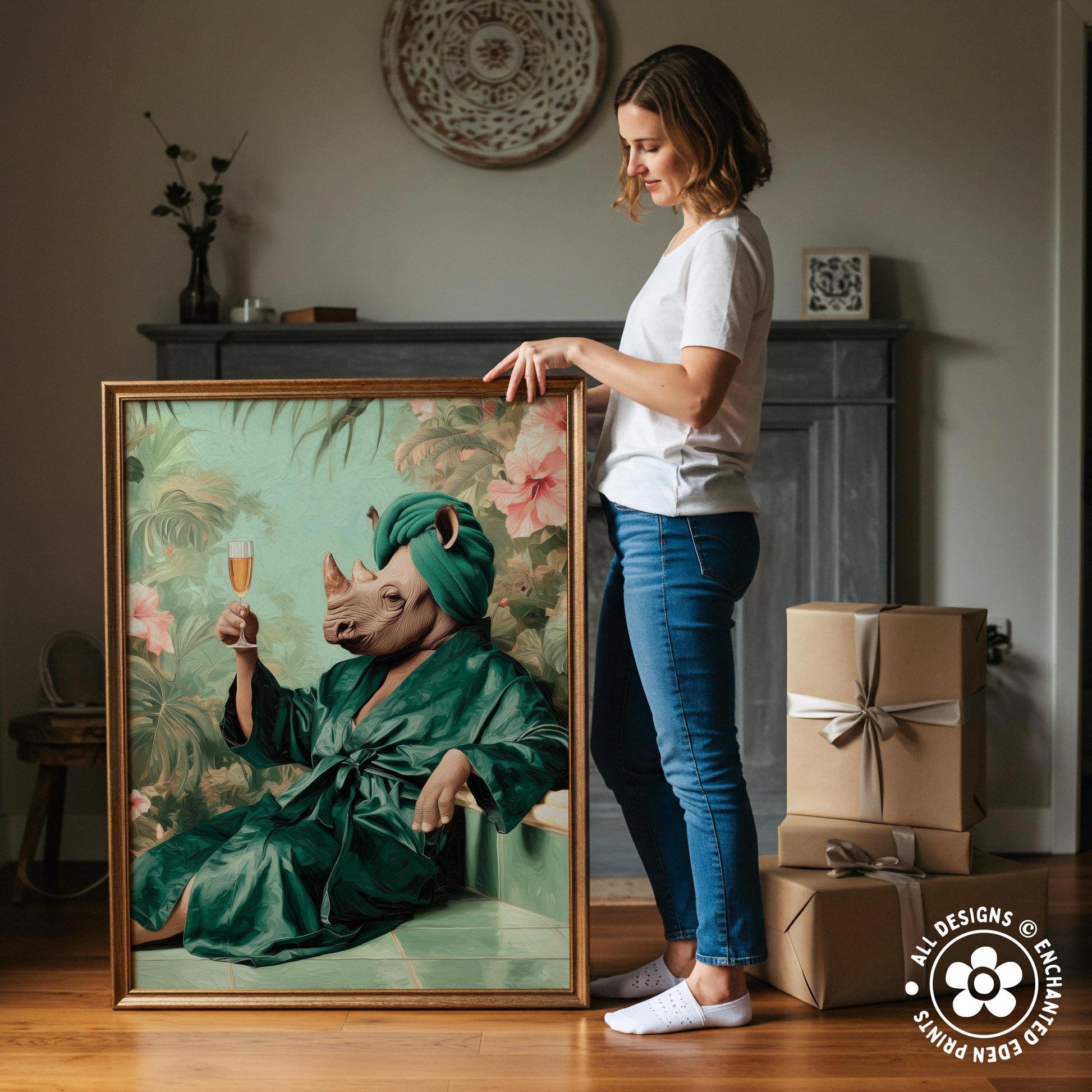 A woman stands next to a large framed painting depicting a rhinoceros wearing a green bathrobe and holding a glass of wine.