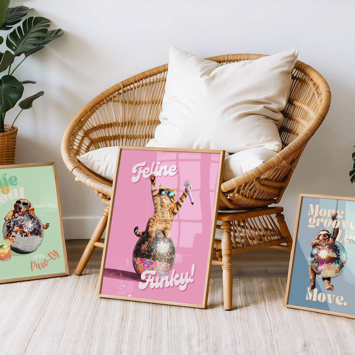a wicker chair sitting next to three framed pictures