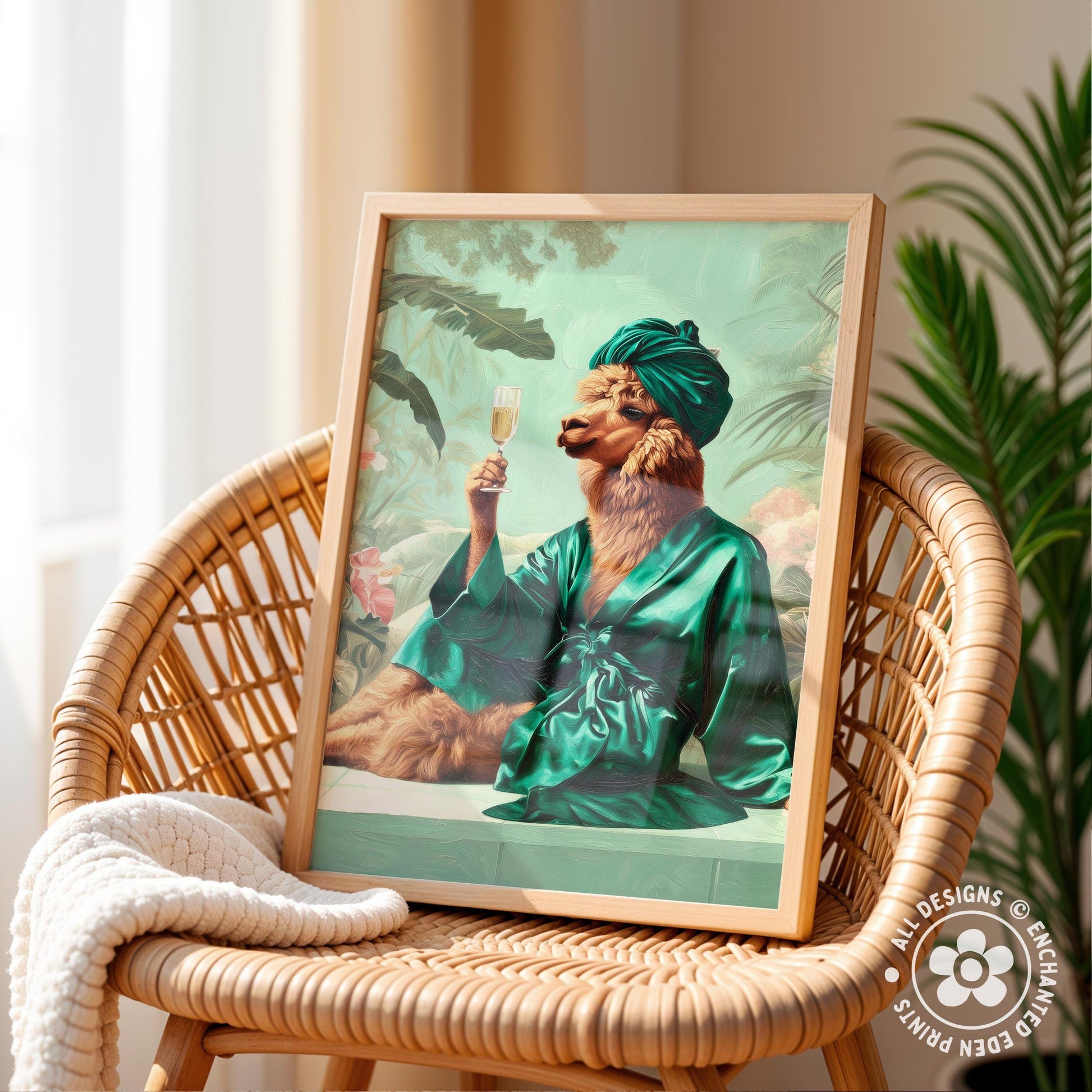 A framed print of a llama wearing a green robe and turban, holding a glass of wine, is displayed on a wicker chair.