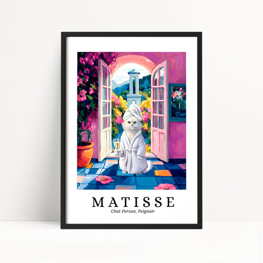 A framed illustration of a cat wearing a bathrobe and holding a glass of wine, standing in a colorful and whimsical setting with a pink archway and flowers.