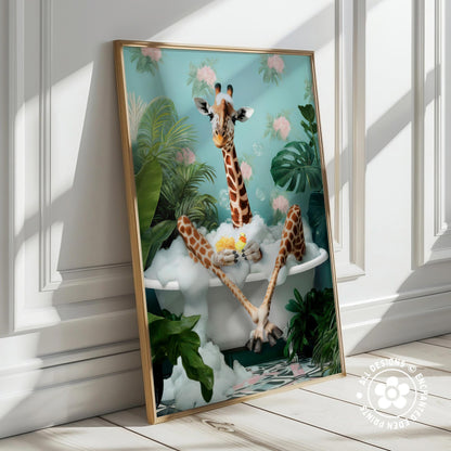 Funny Giraffe in Bath Tub Poster – Tropical Bathroom Wall Art