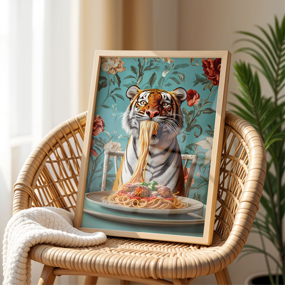 a picture of a tiger eating spaghetti on a chair