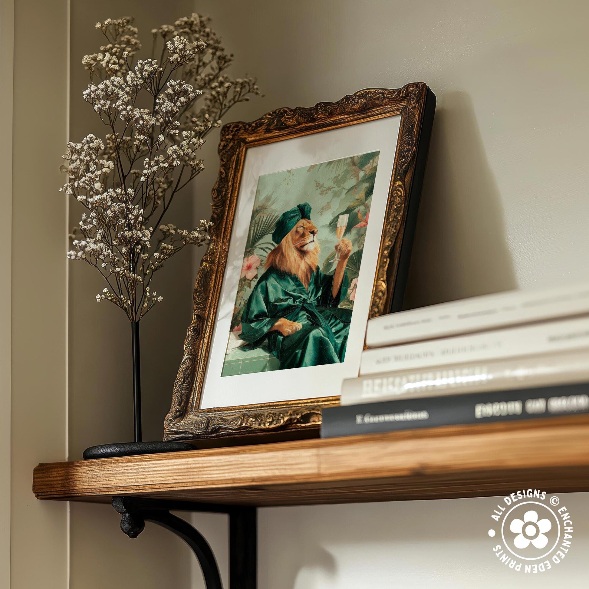 a wooden shelf with a framed picture of a woman in a green dress, a vase of white flowers, and a stack of books.