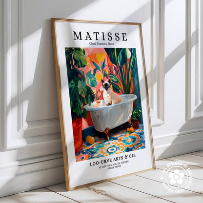 A framed poster featuring a painting of a dog sitting in a bathtub surrounded by tropical plants and flowers.