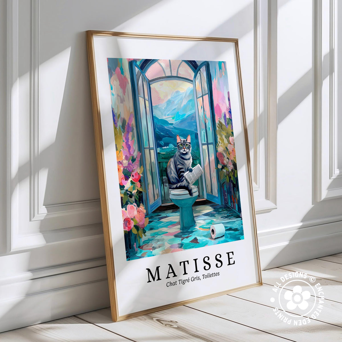 A framed poster depicting a cat sitting on a toilet in a colorful, artistic style, with a mountainous landscape visible through the window.