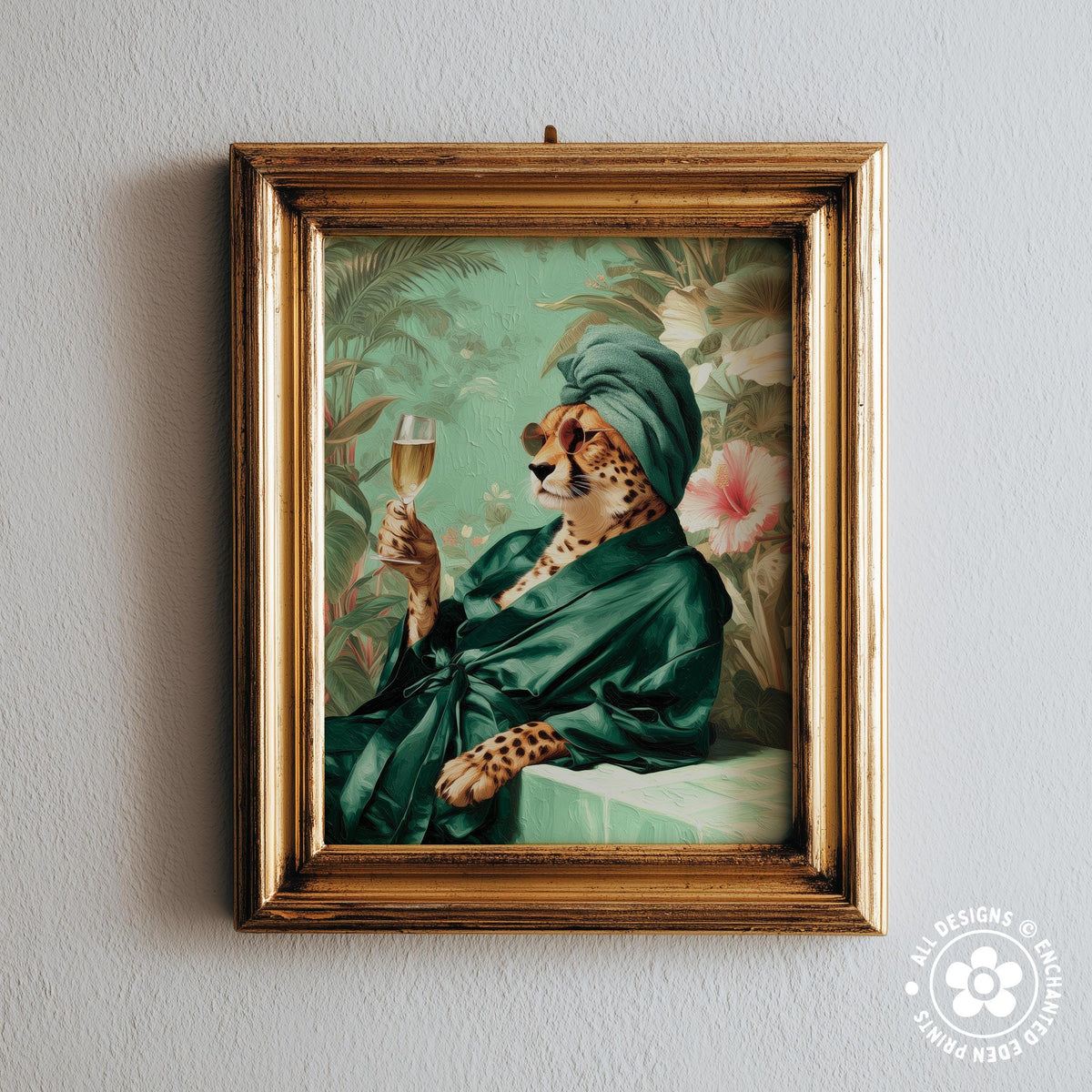 A framed painting depicting a cheetah wearing a green robe and holding a glass of wine, set against a lush, tropical background.