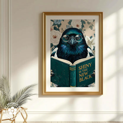 Funny Magpie Reading Book Art – Quirky Bird Lover Wall Decor