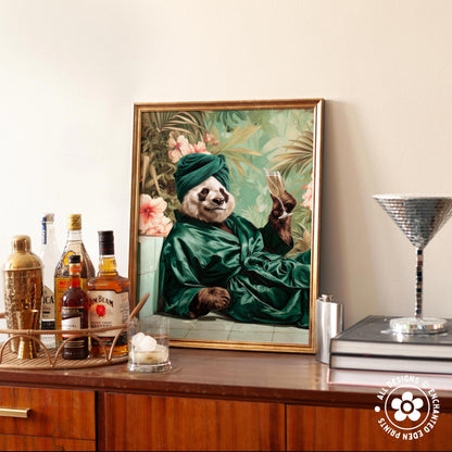 a panda wearing a green robe and turban, sitting on a bench and holding a glass of wine.