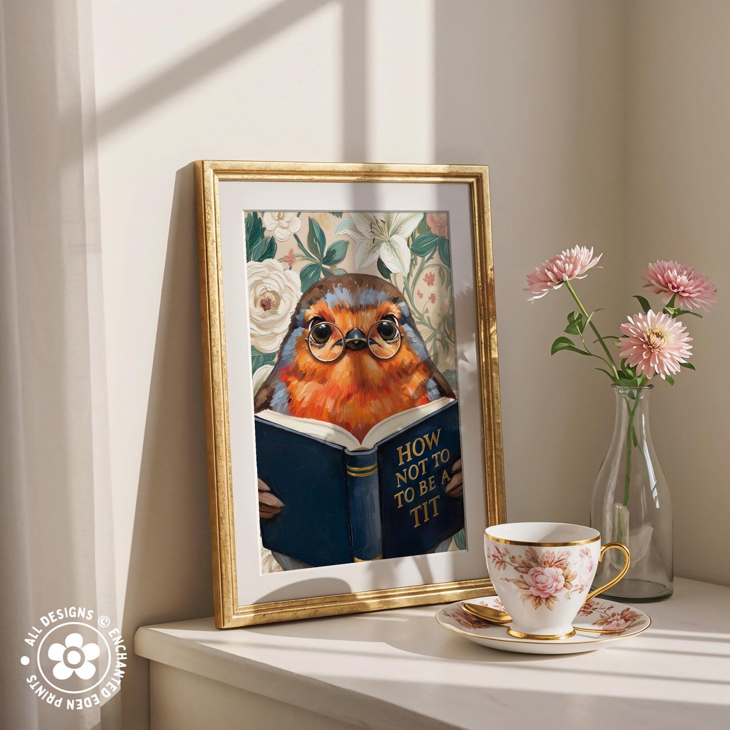 Funny Robin Reading Book Art – Quirky Bird Lover Wall Decor