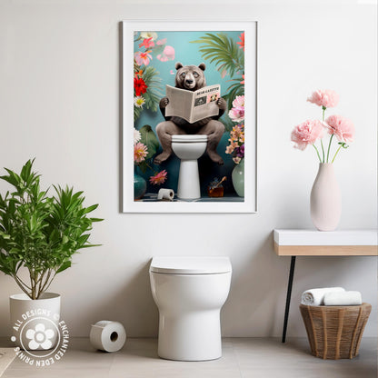 a humorous and whimsical scene of a bear sitting on a toilet and reading a newspaper, surrounded by a vibrant floral background.