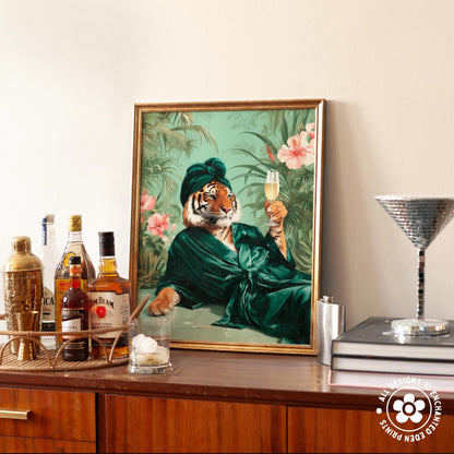 Funny Tiger in Robe Print: Green Maximalist & Jungle Safari Home Decor