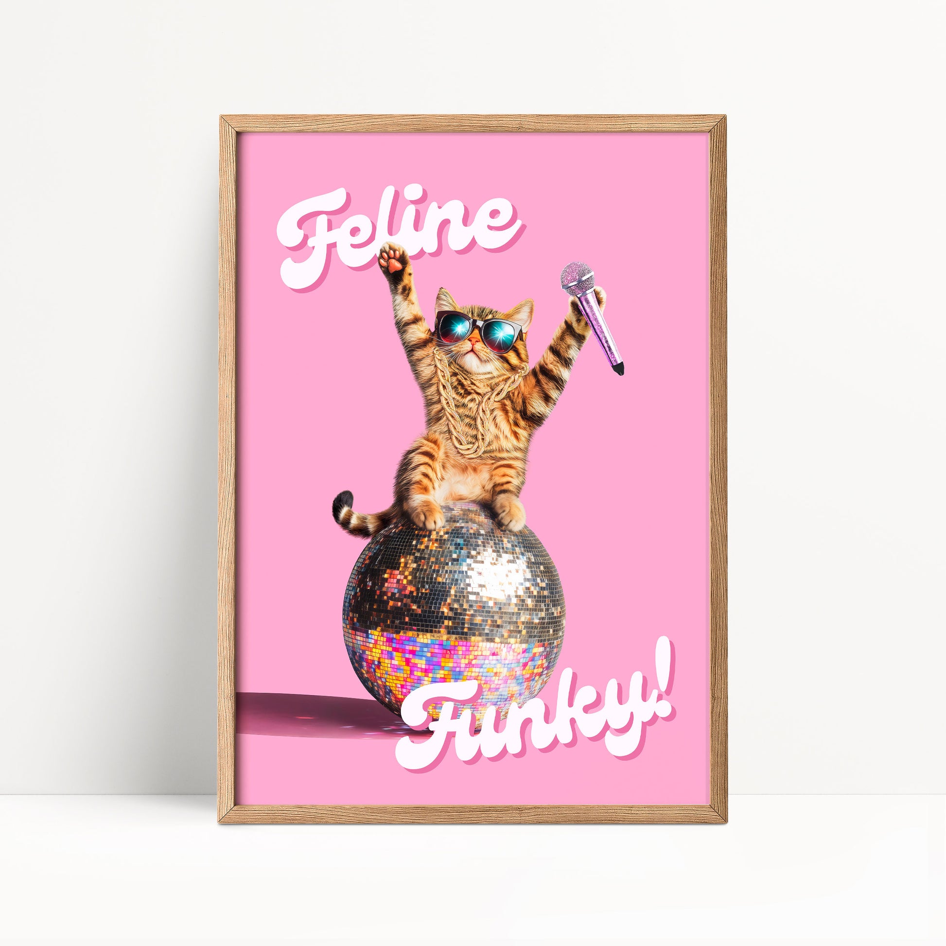 A cat wearing sunglasses and holding a microphone is sitting on a disco ball, with the text "Feline Funky!" written below the image.