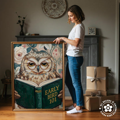 Funny Owl Reading Book Art – Quirky Bird Lover Wall Decor