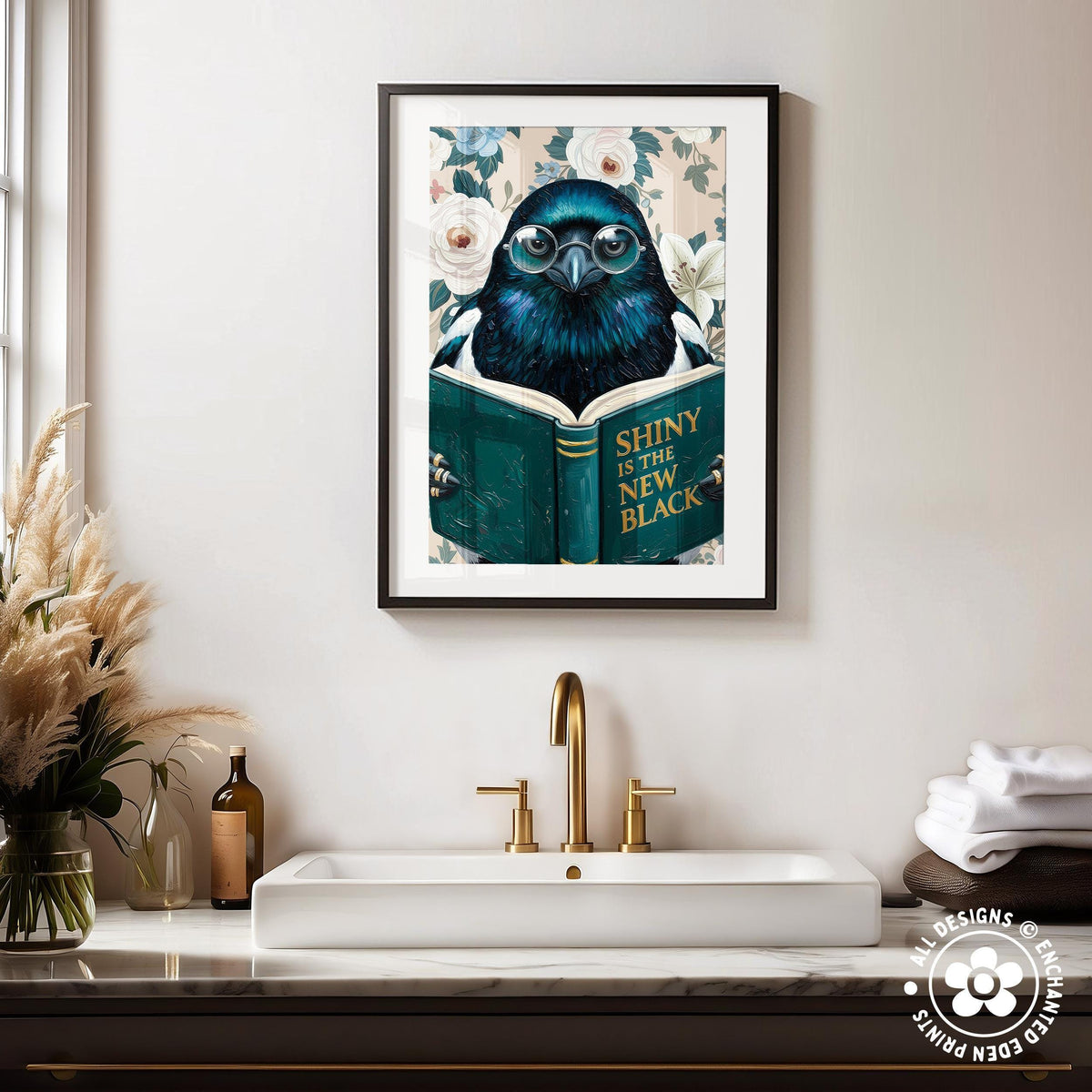Funny Magpie Reading Book Art – Quirky Bird Lover Wall Decor