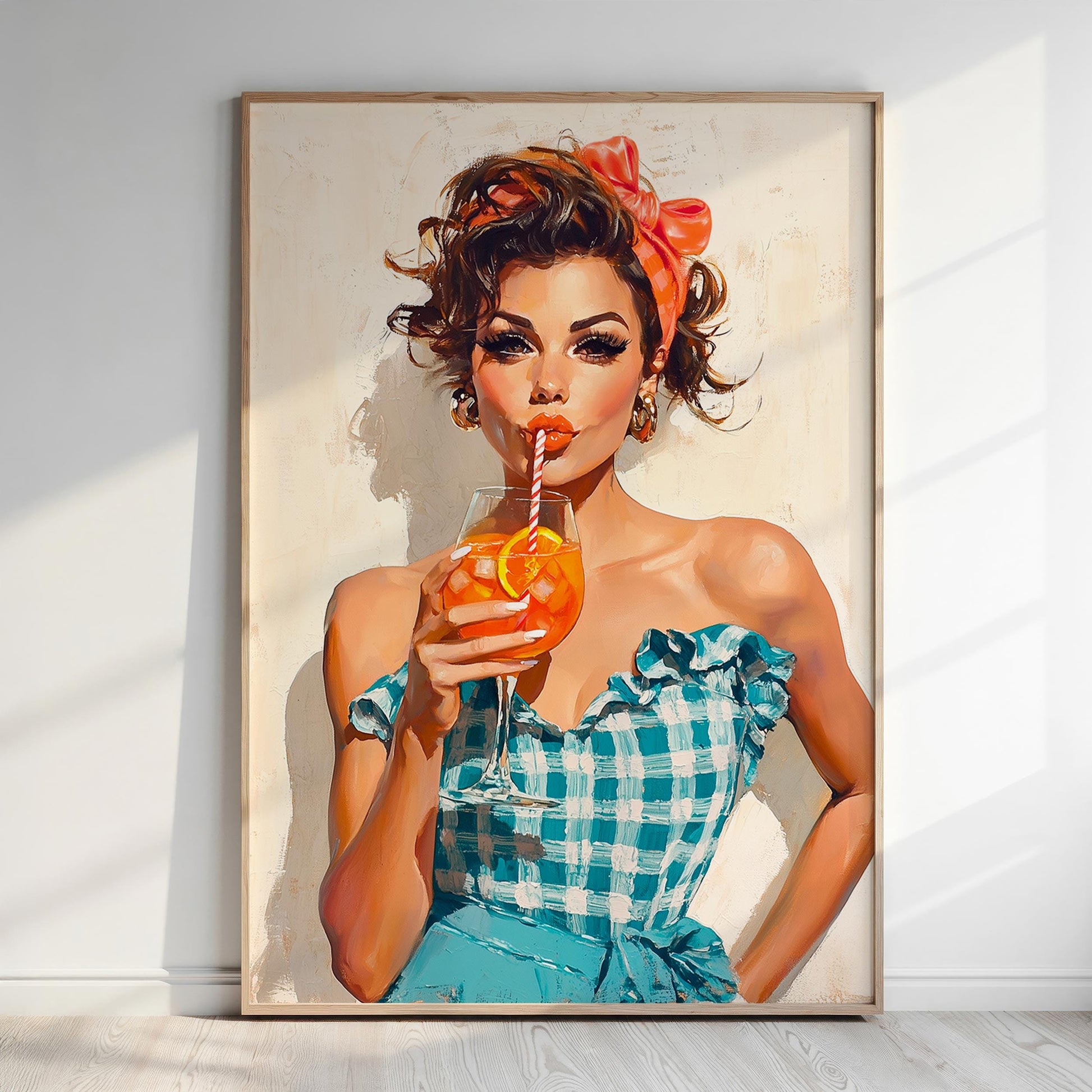 A woman in a blue and white checkered dress is drinking from a glass with a straw, wearing a red bow in her hair.