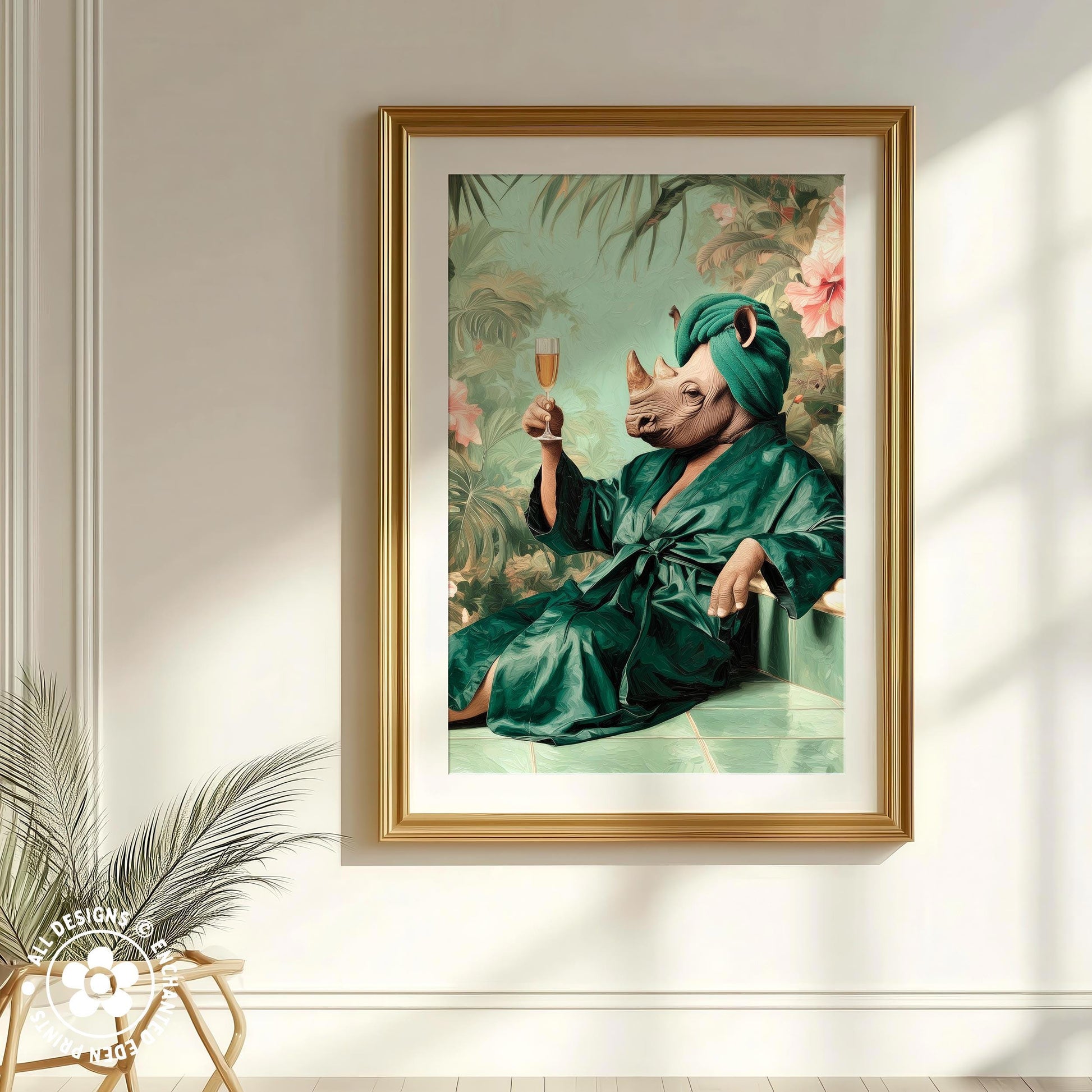 A framed painting depicting a rhinoceros wearing a green bathrobe and holding a glass of wine, set against a tropical background.