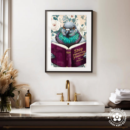 Funny Pigeon Reading Book Art – Quirky Bird Lover Wall Decor