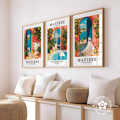 three framed prints of Matisse's artwork, including a painting of a dog in a window, a painting of a pool, and a painting of a dog in a window.
