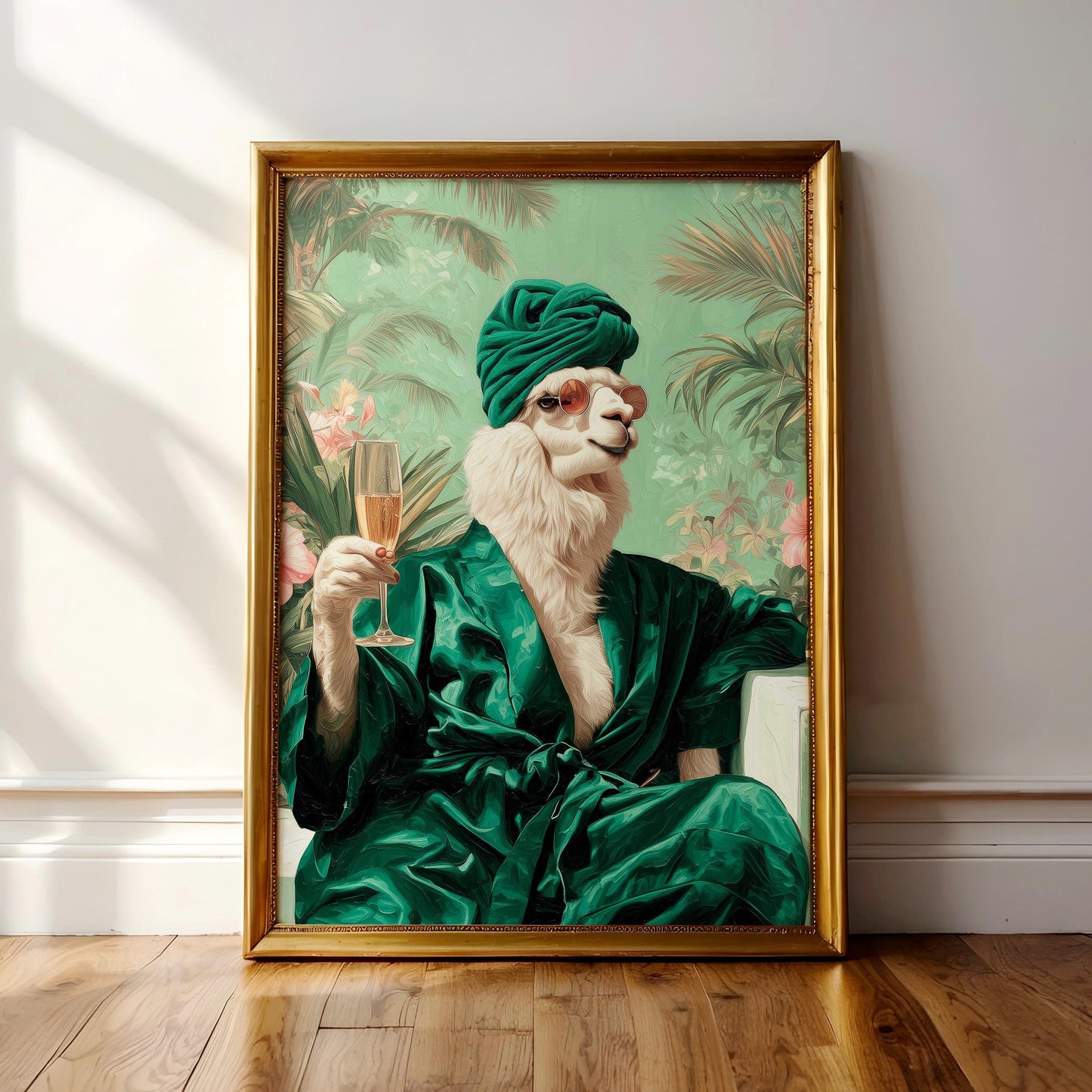 A framed painting depicting a white llama wearing a green robe and turban, holding a glass of champagne, with a tropical background.