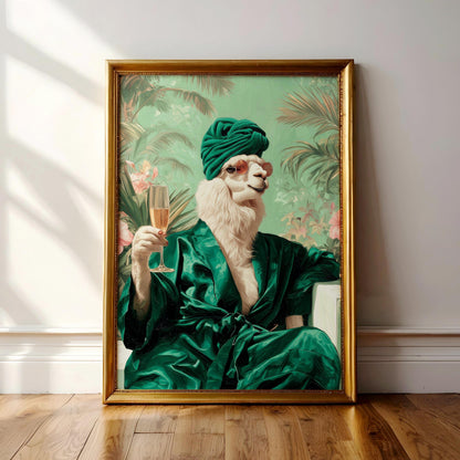 A framed painting depicting a white llama wearing a green robe and turban, holding a glass of champagne, with a tropical background.