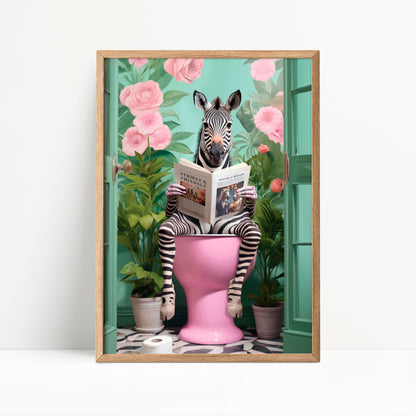 A zebra is sitting on a pink toilet, reading a book, surrounded by pink flowers and green plants in a whimsical, artistic scene.