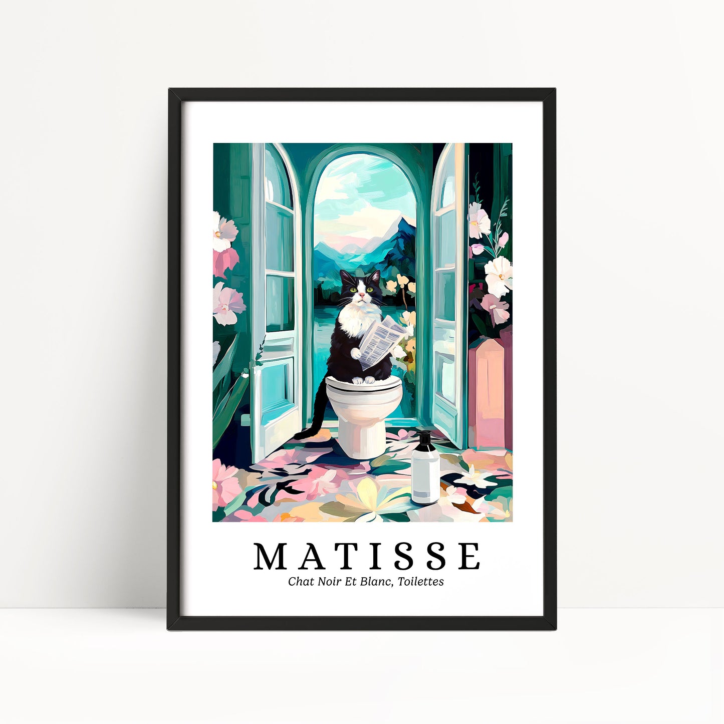 A framed poster depicting a cat sitting on a toilet in a colorful, whimsical setting with flowers and a window.