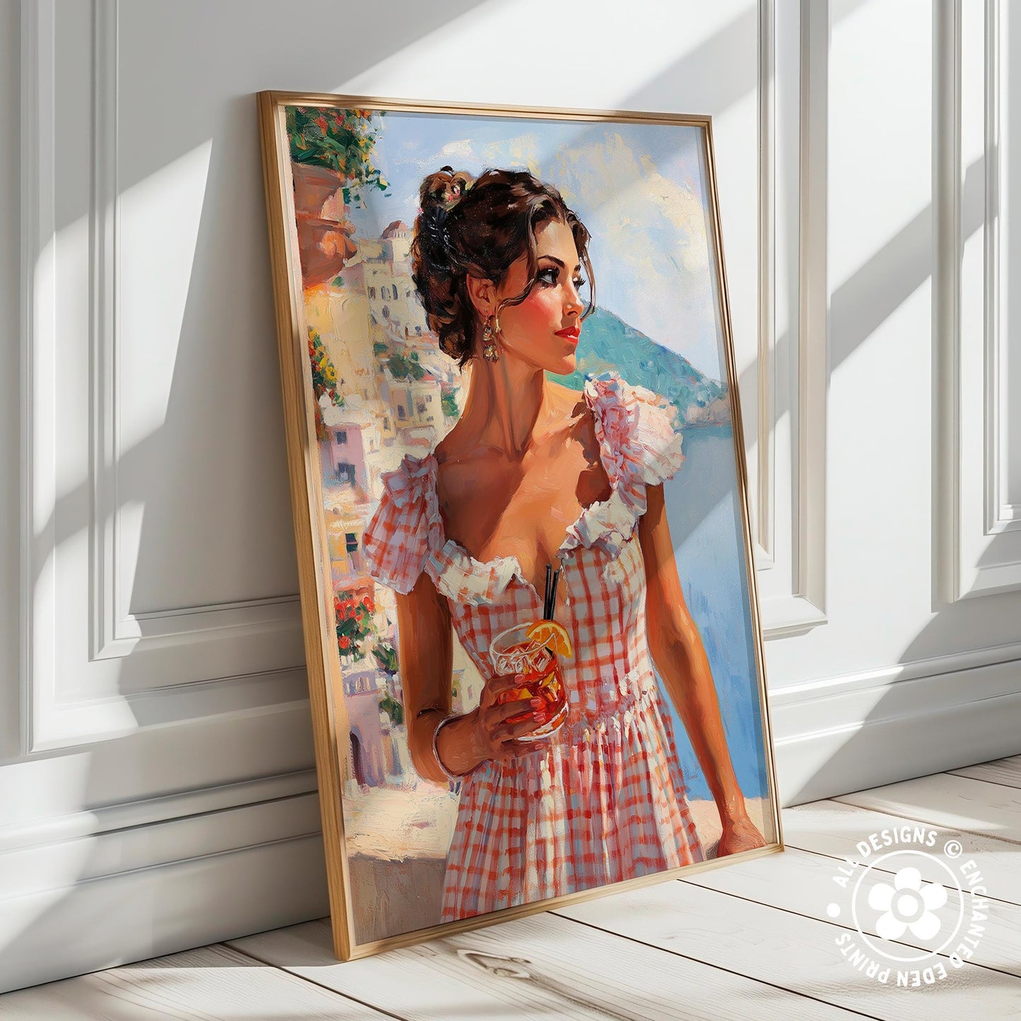 A framed painting depicting a woman in a pink and white checkered dress holding a drink, standing in front of a scenic background.