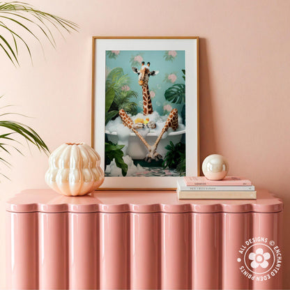 Funny Giraffe in Bath Tub Poster – Tropical Bathroom Wall Art