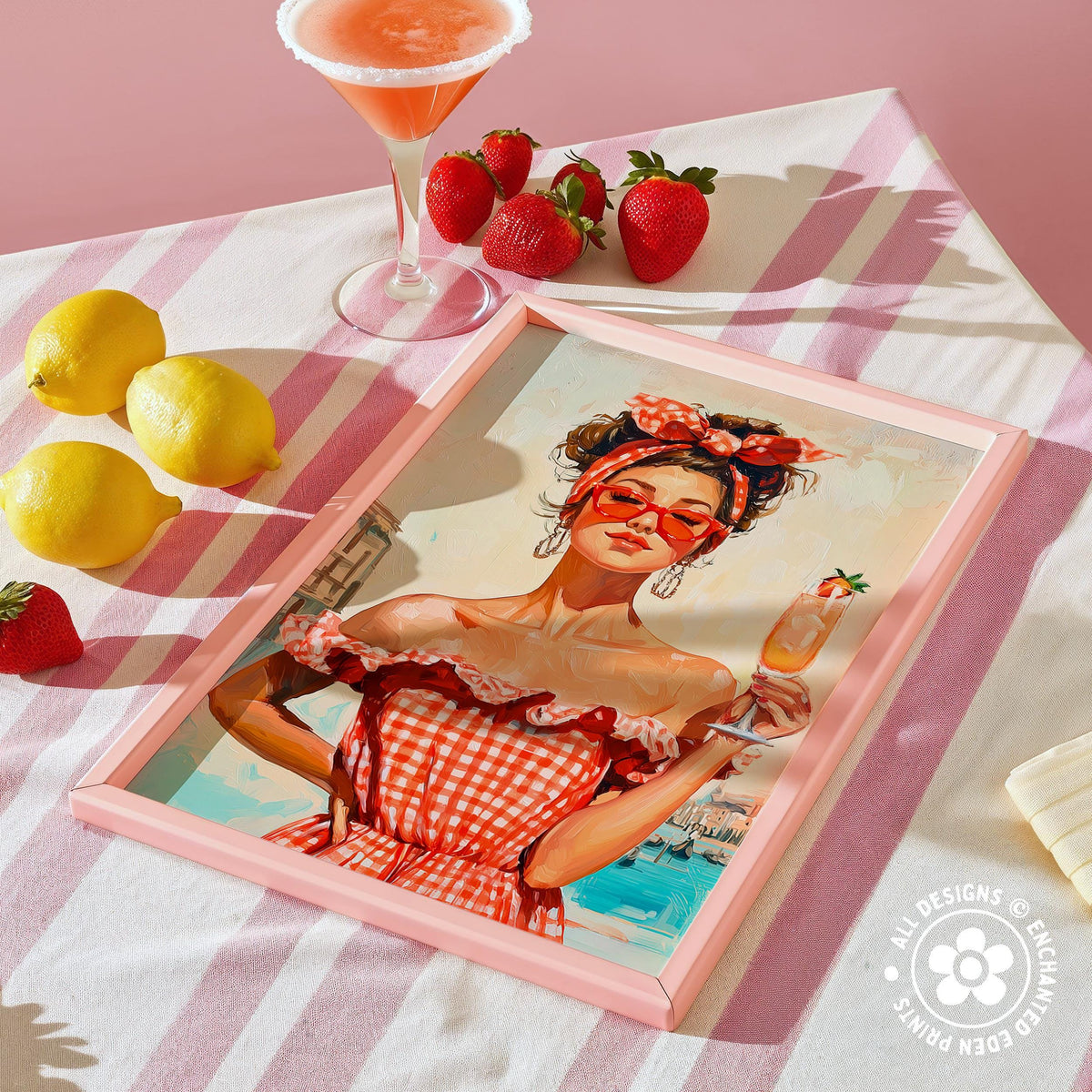 a framed painting of a woman in a red and white checkered dress, holding a drink, surrounded by a pink and white striped tablecloth, lemons, strawberries, and a cocktail glass.