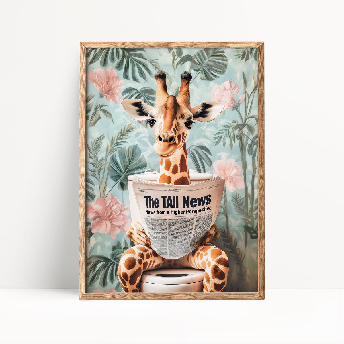 A giraffe sitting on a toilet and holding a newspaper with the text "The TAIL News" printed on it.