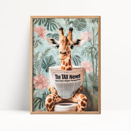 A giraffe sitting on a toilet and holding a newspaper with the text "The TAIL News" printed on it.