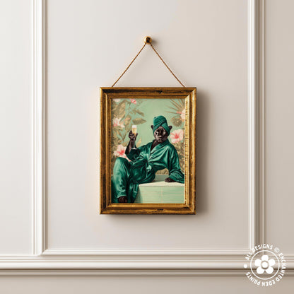 a painting of a person wearing a green outfit and hat, holding a glass of wine, hanging on a white wall.
