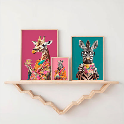 two giraffes and a zebra on a shelf