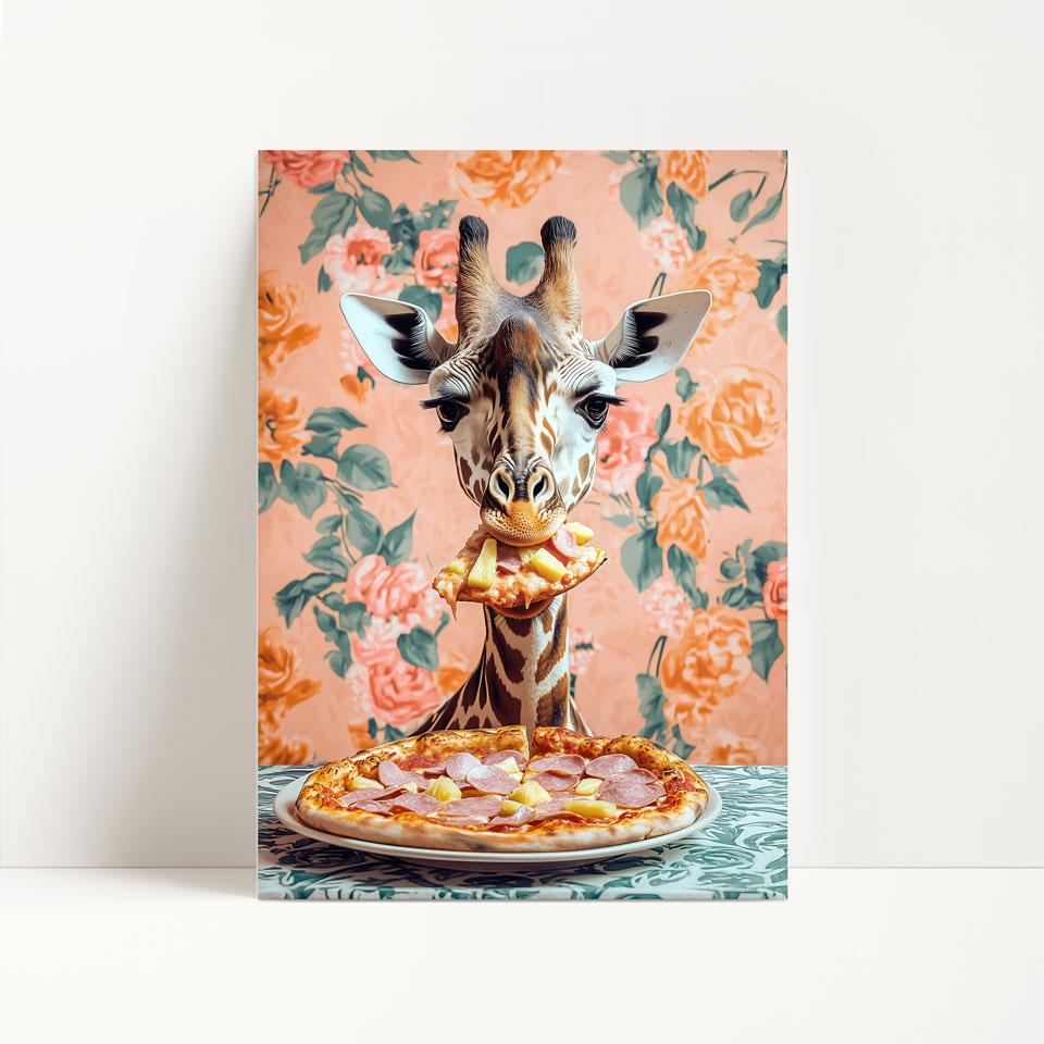 a painting of a giraffe eating a pizza
