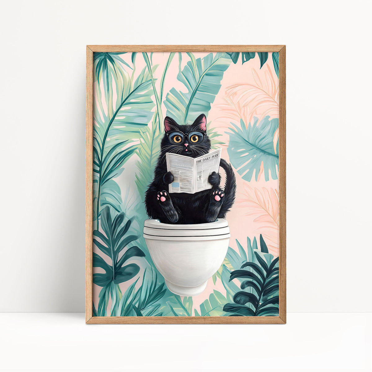 A black cat sitting on a white toilet bowl, reading a newspaper.