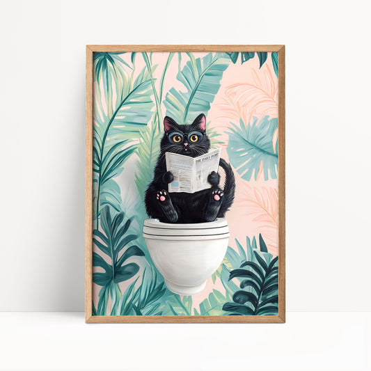 A black cat sitting on a white toilet bowl, reading a newspaper.