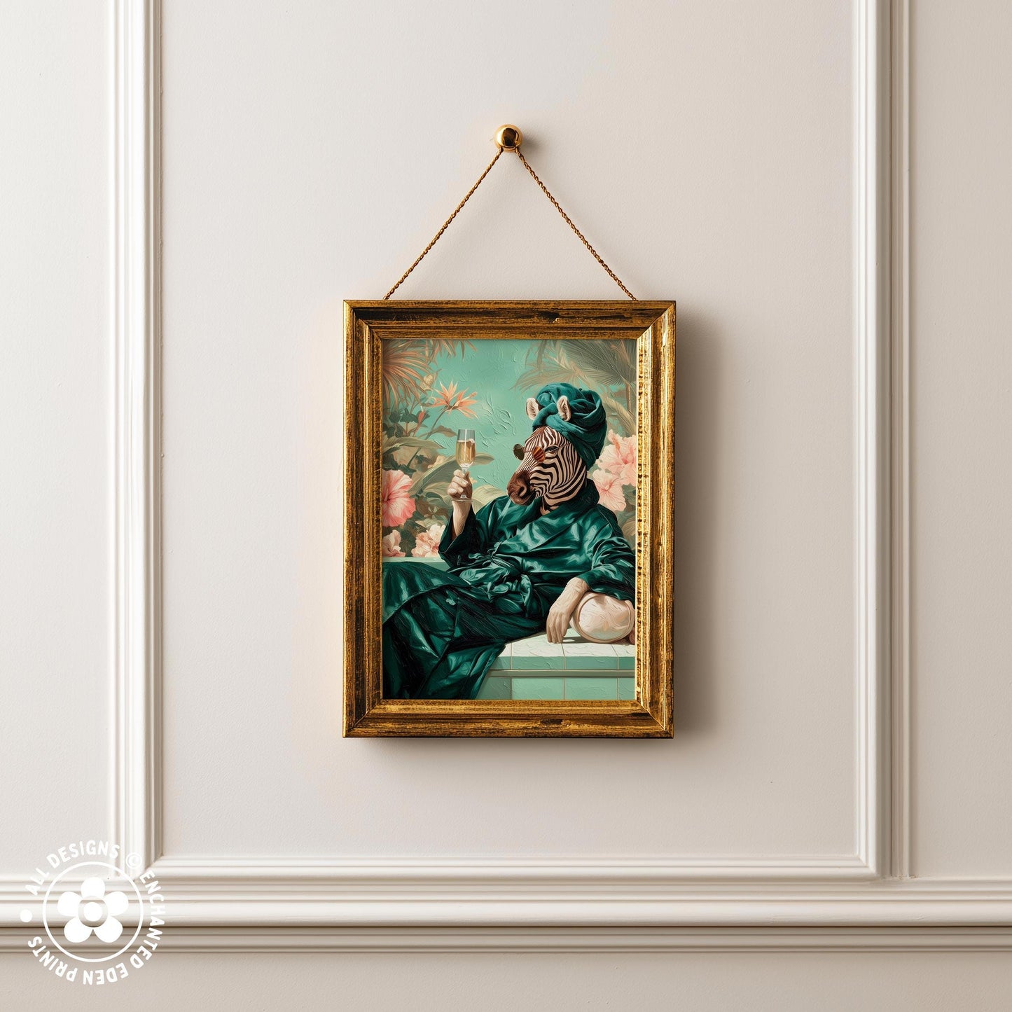 a painting of a person wearing a green robe and hat, holding a cup, and surrounded by tropical foliage.
