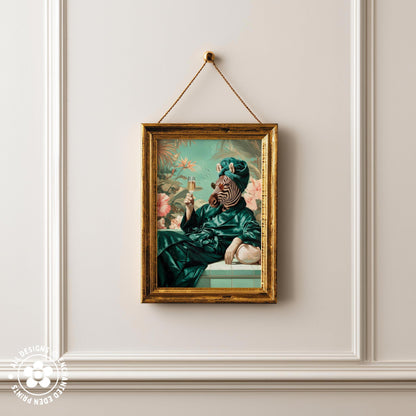 a painting of a person wearing a green robe and hat, holding a cup, and surrounded by tropical foliage.
