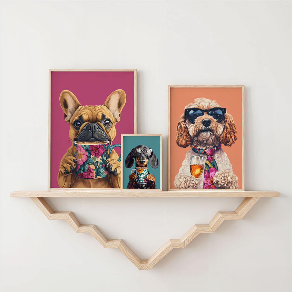 a shelf with three pictures of dogs on it