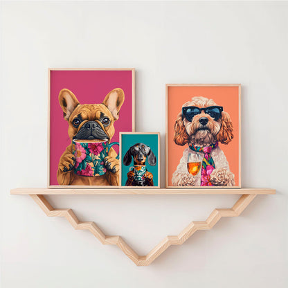 a shelf with three pictures of dogs on it