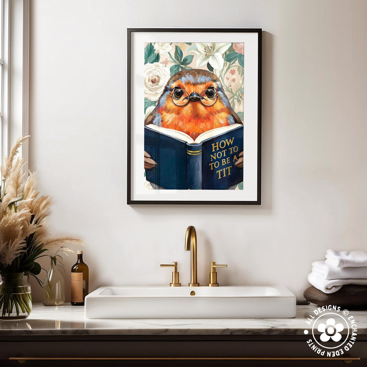 Funny Robin Reading Book Art – Quirky Bird Lover Wall Decor
