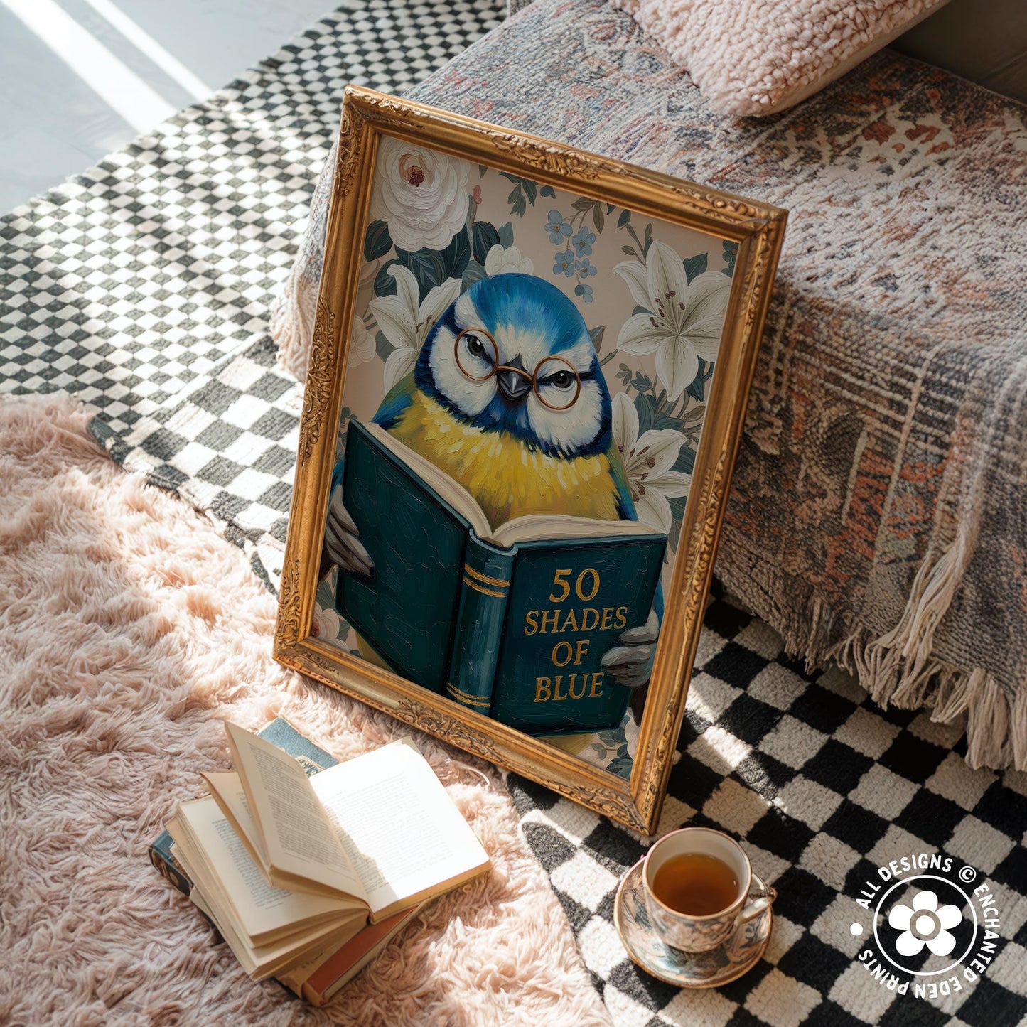 Funny Blue Tit Reading Book Art – Quirky Bird Lover Wall Decor