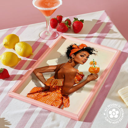 a framed painting of a woman in an orange dress holding a drink, surrounded by a pink and white striped tablecloth, lemons, strawberries, and a cocktail glass.