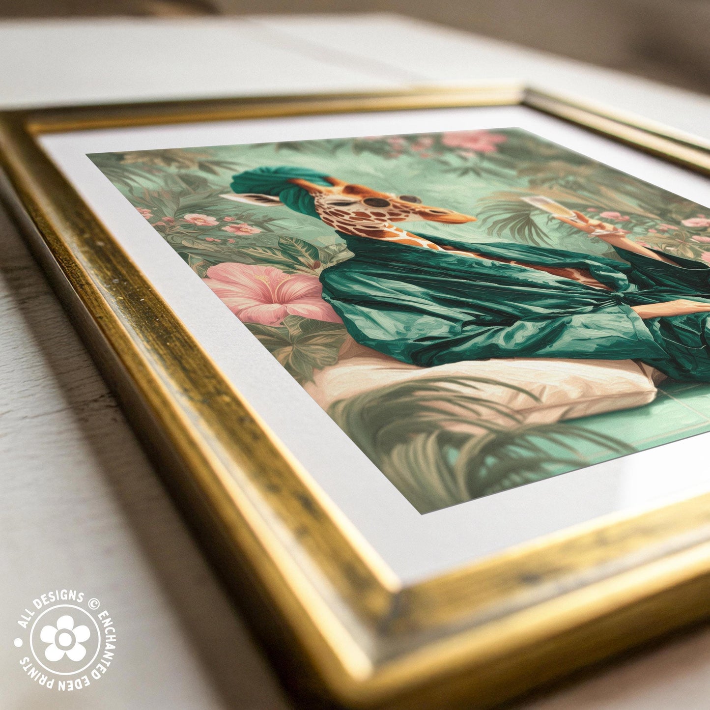 a framed painting of a giraffe wearing a green robe and holding a flower, set against a lush, tropical background.