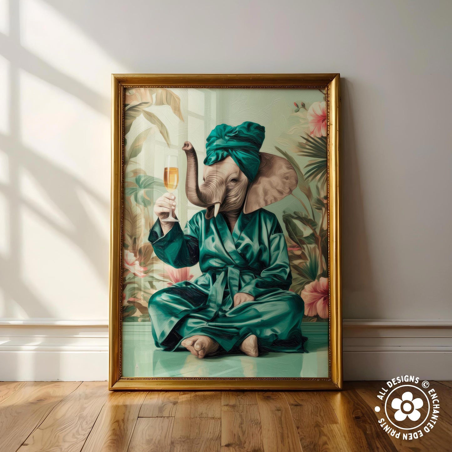 an elephant wearing a green robe and holding a glass of wine, sitting on a wooden floor against a white wall.